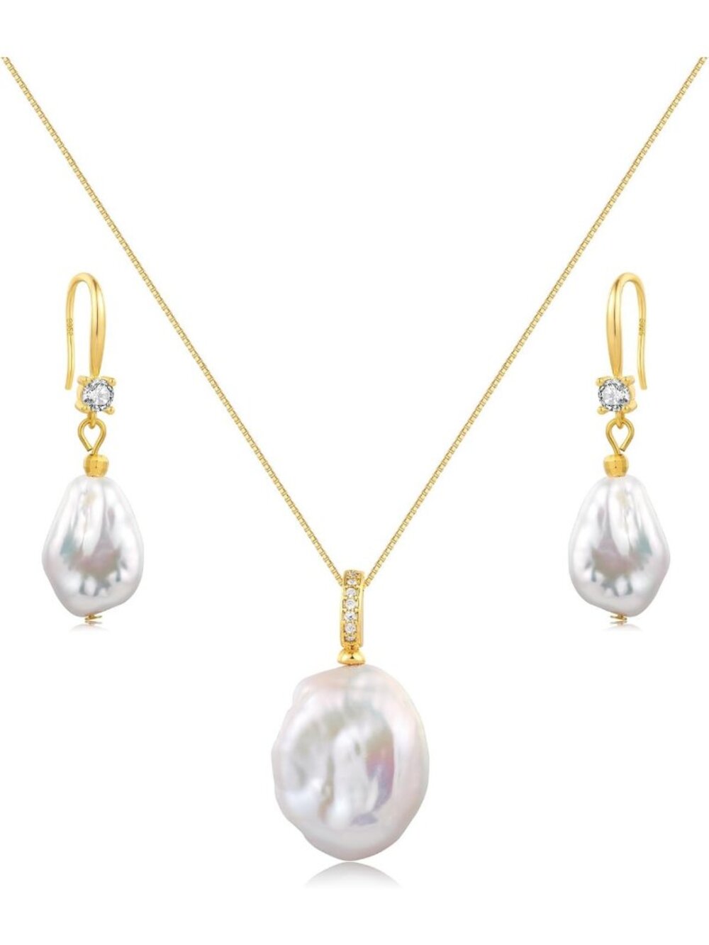 Elegant White Baroque Pearl Necklace & Earring Set, S925 Sterling Silver